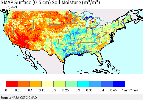 United States SMAP Surface (0-5 cm) Soil Moisture (m³/m³) Thematic Map For 7/1/2021 - 7/5/2021