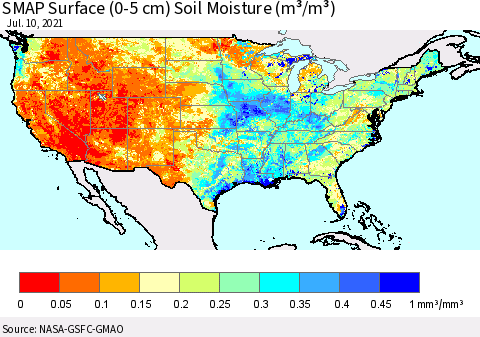 United States SMAP Surface (0-5 cm) Soil Moisture (m³/m³) Thematic Map For 7/6/2021 - 7/10/2021