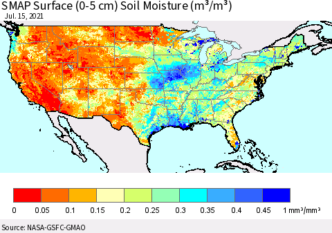 United States SMAP Surface (0-5 cm) Soil Moisture (m³/m³) Thematic Map For 7/11/2021 - 7/15/2021