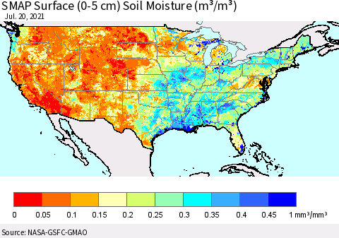United States SMAP Surface (0-5 cm) Soil Moisture (m³/m³) Thematic Map For 7/16/2021 - 7/20/2021