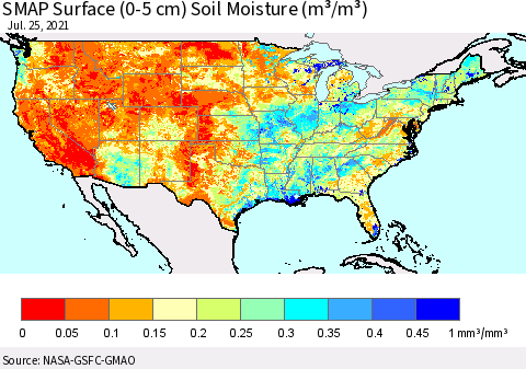 United States SMAP Surface (0-5 cm) Soil Moisture (m³/m³) Thematic Map For 7/21/2021 - 7/25/2021