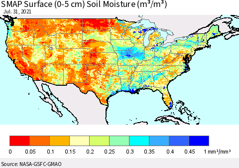 United States SMAP Surface (0-5 cm) Soil Moisture (m³/m³) Thematic Map For 7/26/2021 - 7/31/2021