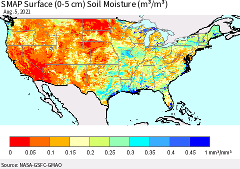 United States SMAP Surface (0-5 cm) Soil Moisture (m³/m³) Thematic Map For 8/1/2021 - 8/5/2021