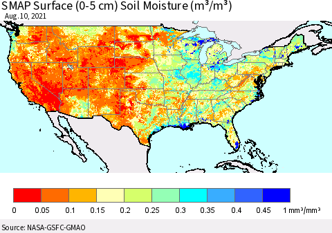 United States SMAP Surface (0-5 cm) Soil Moisture (m³/m³) Thematic Map For 8/6/2021 - 8/10/2021