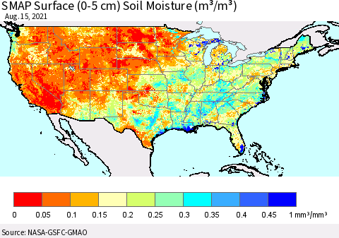 United States SMAP Surface (0-5 cm) Soil Moisture (m³/m³) Thematic Map For 8/11/2021 - 8/15/2021