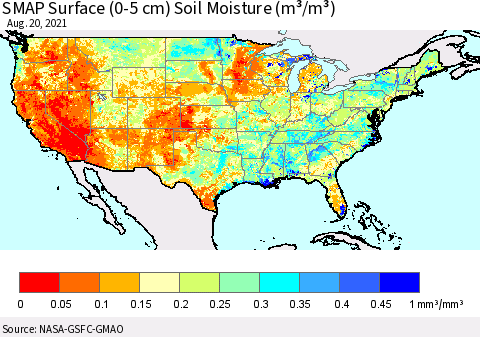 United States SMAP Surface (0-5 cm) Soil Moisture (m³/m³) Thematic Map For 8/16/2021 - 8/20/2021
