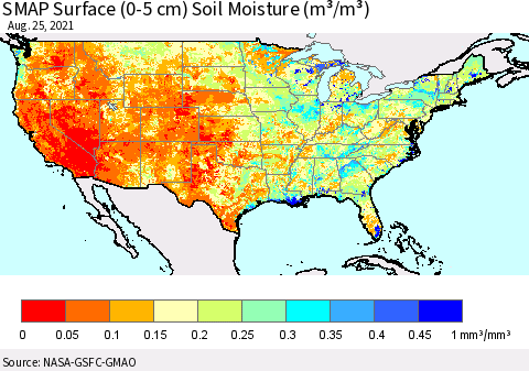 United States SMAP Surface (0-5 cm) Soil Moisture (m³/m³) Thematic Map For 8/21/2021 - 8/25/2021