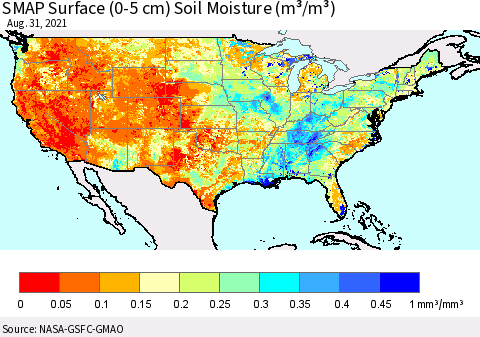 United States SMAP Surface (0-5 cm) Soil Moisture (m³/m³) Thematic Map For 8/26/2021 - 8/31/2021