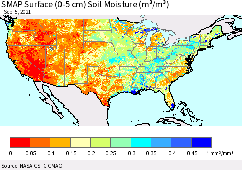 United States SMAP Surface (0-5 cm) Soil Moisture (m³/m³) Thematic Map For 9/1/2021 - 9/5/2021