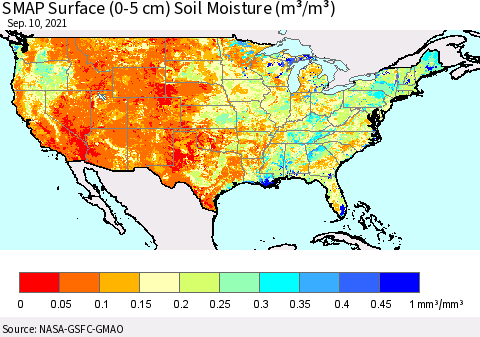 United States SMAP Surface (0-5 cm) Soil Moisture (m³/m³) Thematic Map For 9/6/2021 - 9/10/2021
