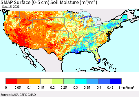 United States SMAP Surface (0-5 cm) Soil Moisture (m³/m³) Thematic Map For 9/11/2021 - 9/15/2021