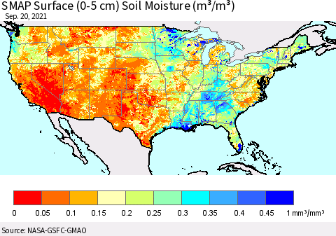 United States SMAP Surface (0-5 cm) Soil Moisture (m³/m³) Thematic Map For 9/16/2021 - 9/20/2021