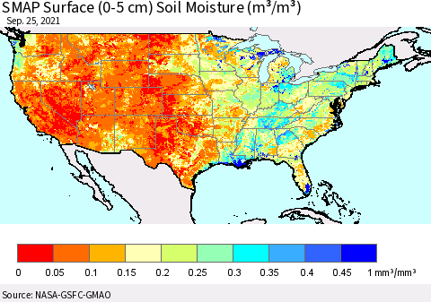 United States SMAP Surface (0-5 cm) Soil Moisture (m³/m³) Thematic Map For 9/21/2021 - 9/25/2021