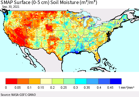 United States SMAP Surface (0-5 cm) Soil Moisture (m³/m³) Thematic Map For 9/26/2021 - 9/30/2021