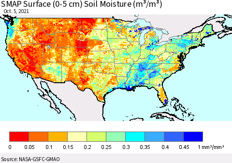 United States SMAP Surface (0-5 cm) Soil Moisture (m³/m³) Thematic Map For 10/1/2021 - 10/5/2021