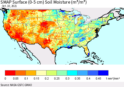 United States SMAP Surface (0-5 cm) Soil Moisture (m³/m³) Thematic Map For 10/6/2021 - 10/10/2021