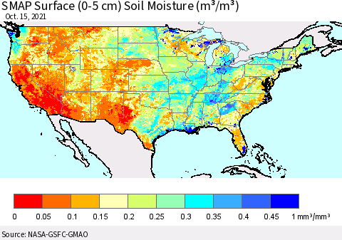 United States SMAP Surface (0-5 cm) Soil Moisture (m³/m³) Thematic Map For 10/11/2021 - 10/15/2021