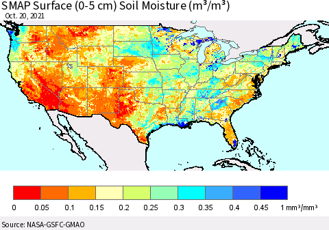 United States SMAP Surface (0-5 cm) Soil Moisture (m³/m³) Thematic Map For 10/16/2021 - 10/20/2021