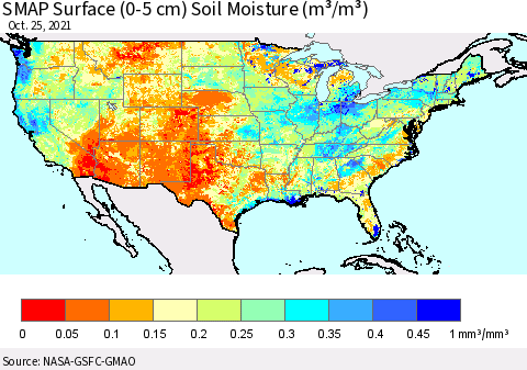 United States SMAP Surface (0-5 cm) Soil Moisture (m³/m³) Thematic Map For 10/21/2021 - 10/25/2021