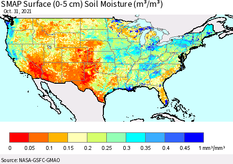 United States SMAP Surface (0-5 cm) Soil Moisture (m³/m³) Thematic Map For 10/26/2021 - 10/31/2021