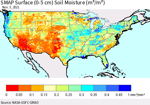 United States SMAP Surface (0-5 cm) Soil Moisture (m³/m³) Thematic Map For 11/1/2021 - 11/5/2021