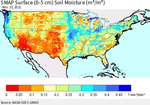 United States SMAP Surface (0-5 cm) Soil Moisture (m³/m³) Thematic Map For 11/6/2021 - 11/10/2021