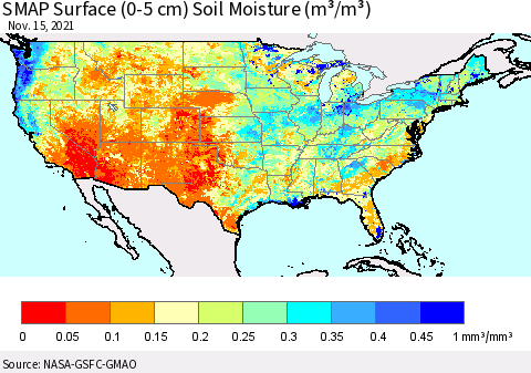 United States SMAP Surface (0-5 cm) Soil Moisture (m³/m³) Thematic Map For 11/11/2021 - 11/15/2021