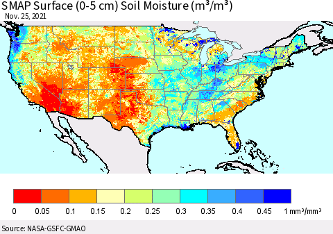 United States SMAP Surface (0-5 cm) Soil Moisture (m³/m³) Thematic Map For 11/21/2021 - 11/25/2021