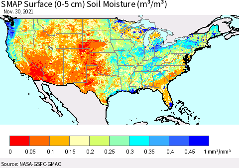 United States SMAP Surface (0-5 cm) Soil Moisture (m³/m³) Thematic Map For 11/26/2021 - 11/30/2021