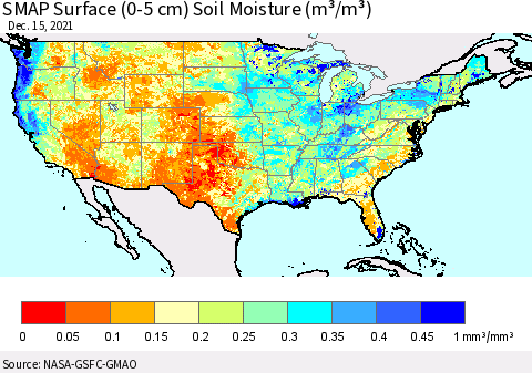 United States SMAP Surface (0-5 cm) Soil Moisture (m³/m³) Thematic Map For 12/11/2021 - 12/15/2021
