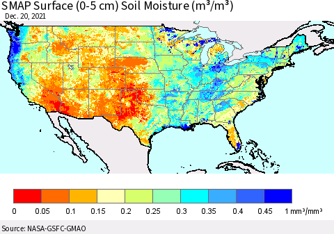 United States SMAP Surface (0-5 cm) Soil Moisture (m³/m³) Thematic Map For 12/16/2021 - 12/20/2021