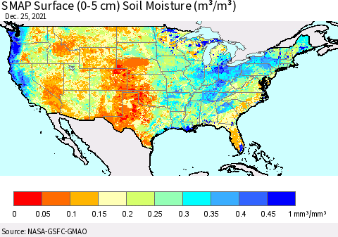 United States SMAP Surface (0-5 cm) Soil Moisture (m³/m³) Thematic Map For 12/21/2021 - 12/25/2021