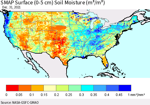 United States SMAP Surface (0-5 cm) Soil Moisture (m³/m³) Thematic Map For 12/26/2021 - 12/31/2021