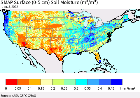 United States SMAP Surface (0-5 cm) Soil Moisture (m³/m³) Thematic Map For 1/1/2022 - 1/5/2022