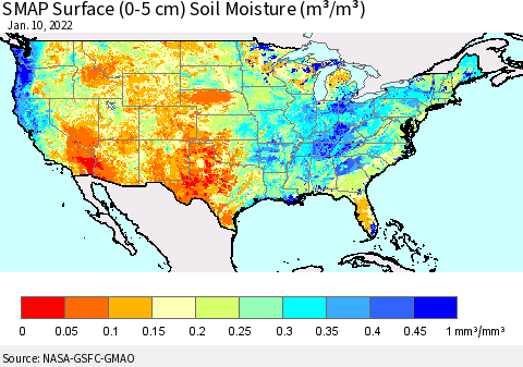 United States SMAP Surface (0-5 cm) Soil Moisture (m³/m³) Thematic Map For 1/6/2022 - 1/10/2022