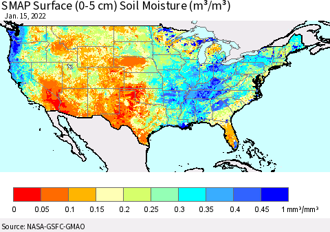 United States SMAP Surface (0-5 cm) Soil Moisture (m³/m³) Thematic Map For 1/11/2022 - 1/15/2022
