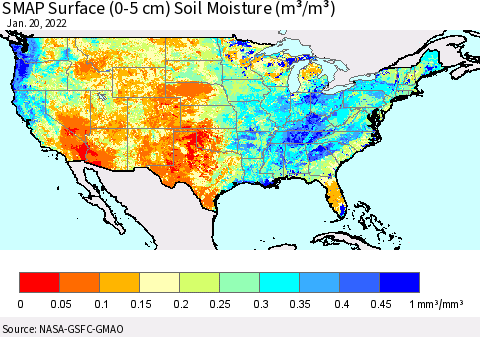 United States SMAP Surface (0-5 cm) Soil Moisture (m³/m³) Thematic Map For 1/16/2022 - 1/20/2022