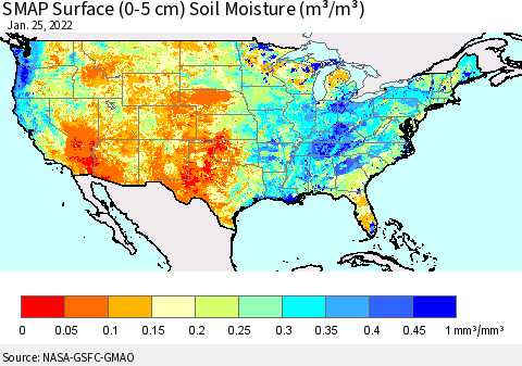 United States SMAP Surface (0-5 cm) Soil Moisture (m³/m³) Thematic Map For 1/21/2022 - 1/25/2022
