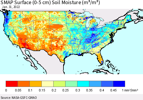 United States SMAP Surface (0-5 cm) Soil Moisture (m³/m³) Thematic Map For 1/26/2022 - 1/31/2022