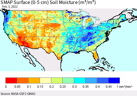 United States SMAP Surface (0-5 cm) Soil Moisture (m³/m³) Thematic Map For 2/1/2022 - 2/5/2022