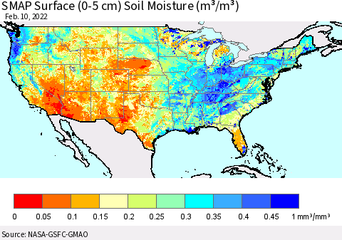 United States SMAP Surface (0-5 cm) Soil Moisture (m³/m³) Thematic Map For 2/6/2022 - 2/10/2022