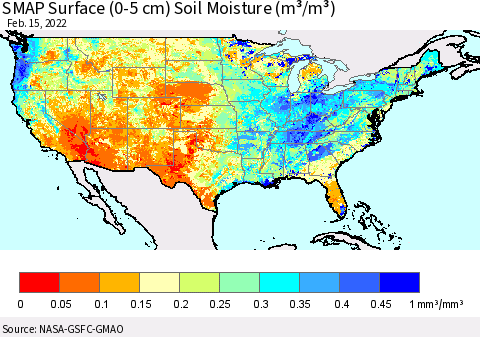 United States SMAP Surface (0-5 cm) Soil Moisture (m³/m³) Thematic Map For 2/11/2022 - 2/15/2022