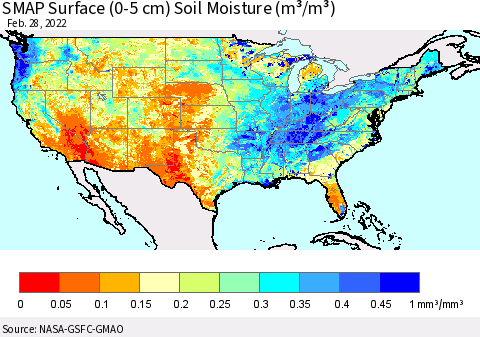 United States SMAP Surface (0-5 cm) Soil Moisture (m³/m³) Thematic Map For 2/26/2022 - 2/28/2022