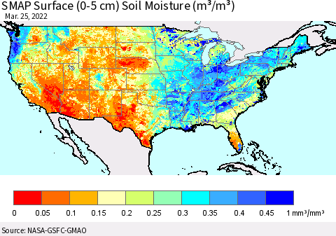 United States SMAP Surface (0-5 cm) Soil Moisture (m³/m³) Thematic Map For 3/21/2022 - 3/25/2022