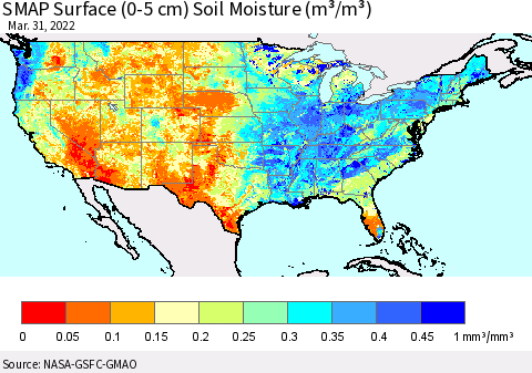 United States SMAP Surface (0-5 cm) Soil Moisture (m³/m³) Thematic Map For 3/26/2022 - 3/31/2022
