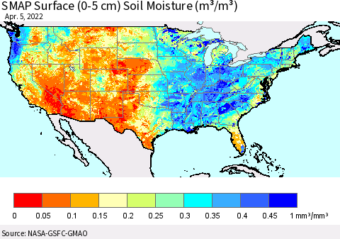 United States SMAP Surface (0-5 cm) Soil Moisture (m³/m³) Thematic Map For 4/1/2022 - 4/5/2022