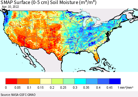 United States SMAP Surface (0-5 cm) Soil Moisture (m³/m³) Thematic Map For 4/6/2022 - 4/10/2022