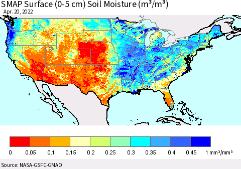 United States SMAP Surface (0-5 cm) Soil Moisture (m³/m³) Thematic Map For 4/16/2022 - 4/20/2022