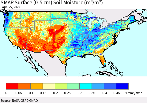 United States SMAP Surface (0-5 cm) Soil Moisture (m³/m³) Thematic Map For 4/21/2022 - 4/25/2022