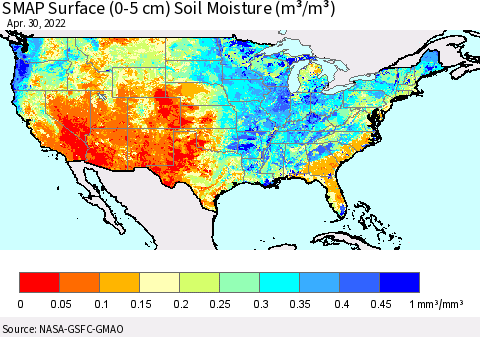United States SMAP Surface (0-5 cm) Soil Moisture (m³/m³) Thematic Map For 4/26/2022 - 4/30/2022